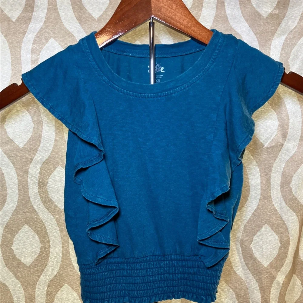 Justice Ruffle Top Girls XS Teal Blue Excellent Smocked Hem Cap Sleeve Boho